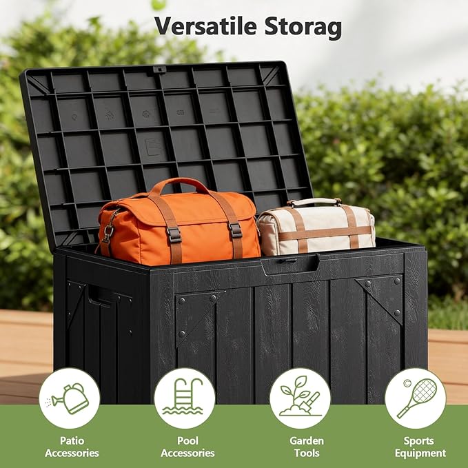 Outdoor Storage Box - 31 Gallon Waterproof Resin Deck Box, Lockable Patio Storage Bench for Package Delivery, Cushions & Garden Tools, UV Resistant (Black, 31 Gal)