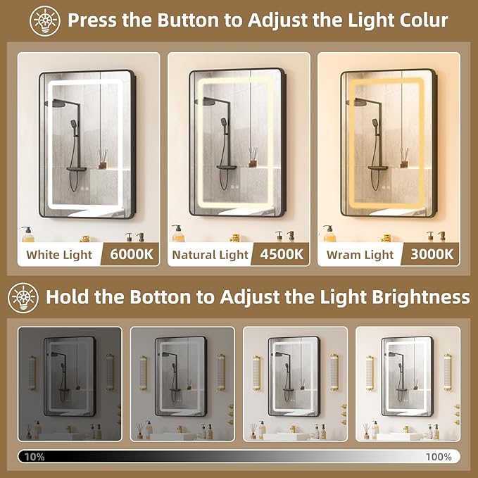 20x28 Medicine Cabinet with Mirror and Lights, Bathroom Mirror Cabinet with Memory Function, Anti-Fog, Surface Mount or Recessed Medicine Cabinet with Lights 3 Colors Dimmable