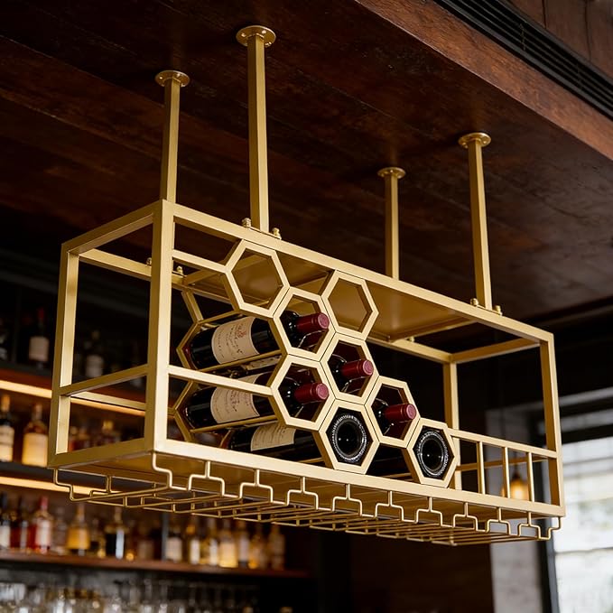 Ceiling Wine Glass Rack, Hanging Wine Rack with Glass Holder and Shelf, 2 Layer Industrial Iron Hanging Wine Bottle Holder, Metal Ceiling Shelf for Bar Cafe Kitchen, 39.4*11.8*15.8in (Gold)
