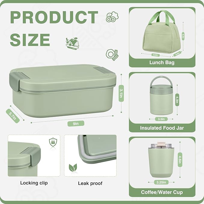 Bento Lunch Box Set with 10.5oz Soup Thermo Food Jar for Adults Kids, Stainless Steel Leak-proof Lunch Container, Coffee Tumbler with Lunch Bag for School Travel Office-Green