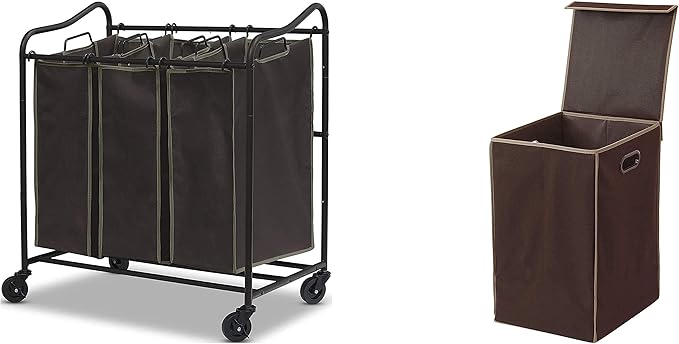 Simple Houseware Heavy Duty 3-Bag Laundry Sorter Rolling Cart + Foldable Laundry Hamper Basket with Lid, Brown