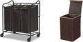 Simple Houseware Heavy Duty 3-Bag Laundry Sorter Rolling Cart + Foldable Laundry Hamper Basket with Lid, Brown