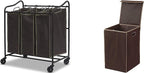 Simple Houseware Heavy Duty 3-Bag Laundry Sorter Rolling Cart + Foldable Laundry Hamper Basket with Lid, Brown