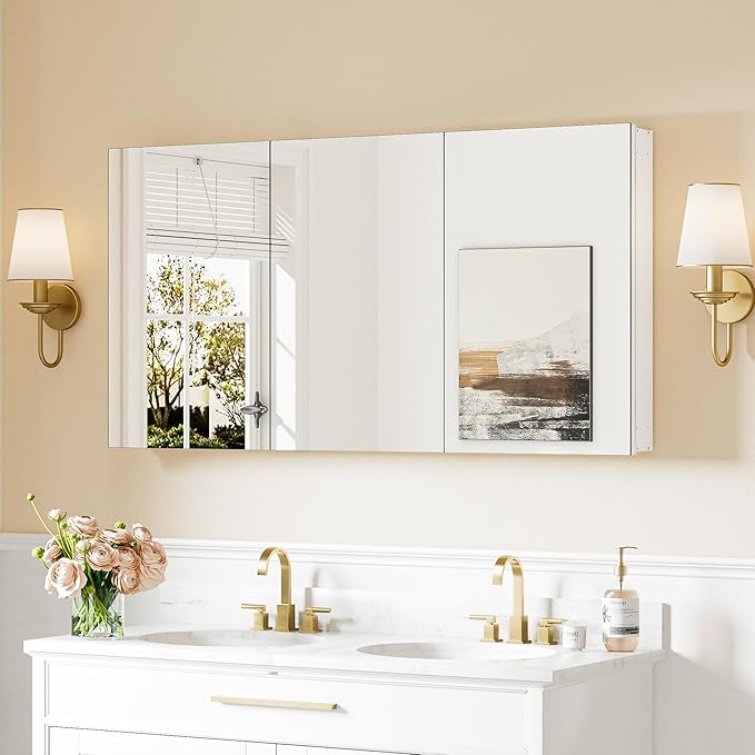 Keonjinn 48 x 26 Inch Medicine Cabinet, Assembly Required, White Bathroom Medicine Cabinets Mirror, Lightweight, Adjustable Shelves, Surface Mount or Recessed, Tempered Glass