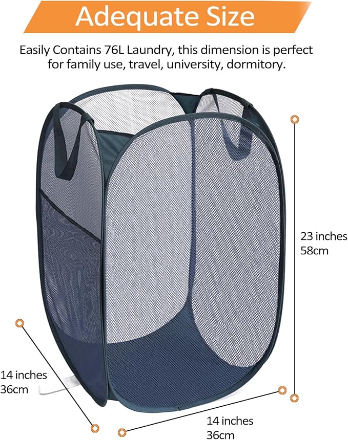 2 Pcs Durable Collapsible Laundry Baskets - Reinforced Mesh Pop Up Laundry Hamper with Pocket, Foldable Dirty Clothes Hamper with Carry Handles for Laundry, Bathroom, Kids Room, Dorm or Travel Navy
