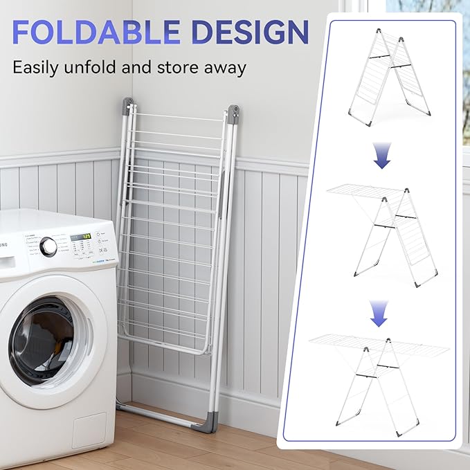 APEXCHASER Clothes Drying Rack, Foldable Oversized Drying Rack Clothing with L-Shaped Foot Cover, Height-Adjustable, Multi-Bar Laundry Rack, Indoor Outdoor Use, 20.47"D x 70"W x 42.52"H, Pearl White