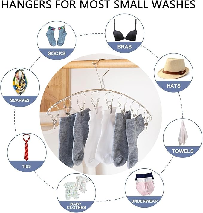 Stainless Steel Laundry Drying Rack Clothes Hanger with Windproof Hook,Underwear Hanger,Clothes Hangers with 8 Clips for Drying Socks,Diapers,Baby Clothes(2 Pack)