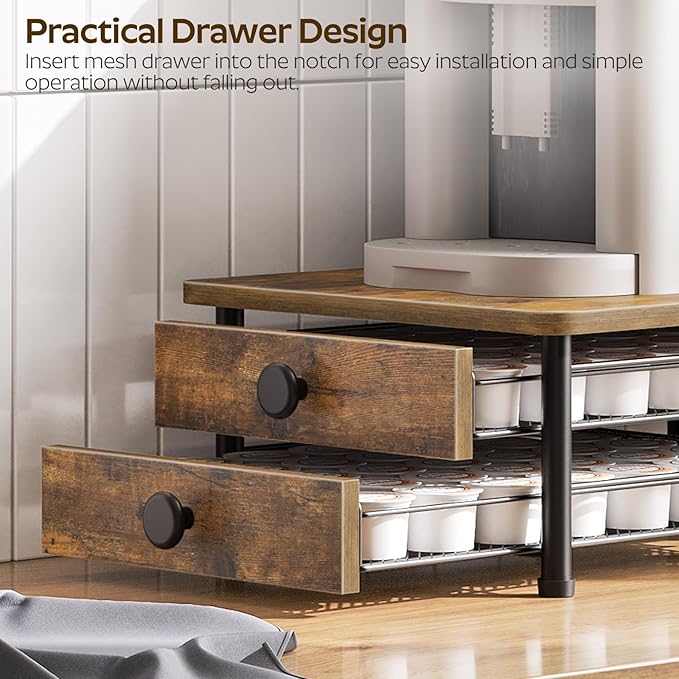 Coffee Pod Drawer Holder, 70 Capacity Coffee Capsule Storage Organizer, 2-Tier Coffee Pod Drawer for K Cup, for Home Kitchen, Rustic Brown KH28BR
