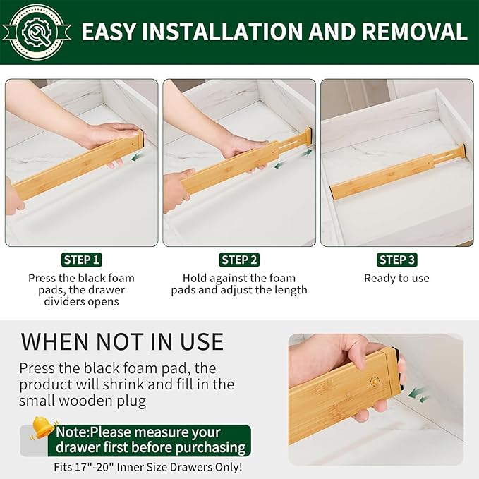 6 Pack Bamboo Drawer Dividers 2.6" High,Adjustable Spring Loaded Clothes Drawer Organizers for Kitchen, Dresser, Bathroom, Bedroom and Office