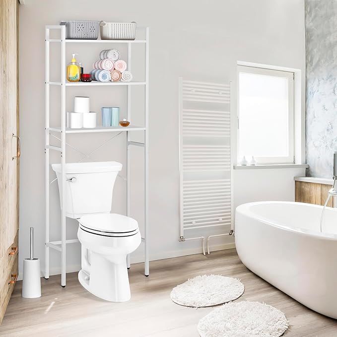 SUPER DEAL Over The Toilet Storage Shelf, 3-Tier Bathroom Organizer Space Saver Rack Wood Shelf, White