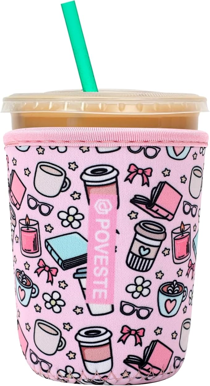 Reusable Neoprene Insulator Sleeve for Iced Coffee & Cold Soda, Coffee Sleeves for Iced & Hot Drinks, Cold Beverage Cooler Compatible with Starbucks, Dunkin (Coffee Break, Small: 16-18oz)