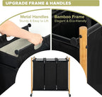 Laundry Sorter Hamper with Wheels, Heavy-Duty Laundry Basket Sorter Rolling Cart with Lockable Wheels and Removable Bags, Laundry Cart 3 Sections, Bamboo