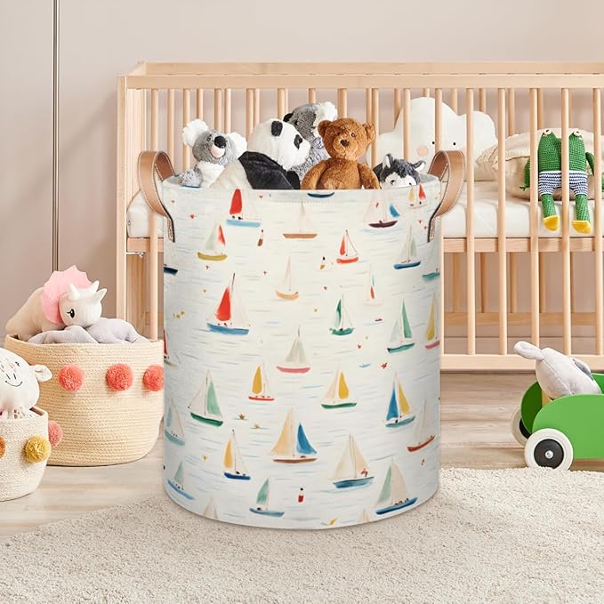 Cartoon Sailboat Collapsible Laundry Basket Large Laundry Hamper Waterproof Foldable Storage Bins Laundry Basket with Leather Handles Clothes Nursery Hampers