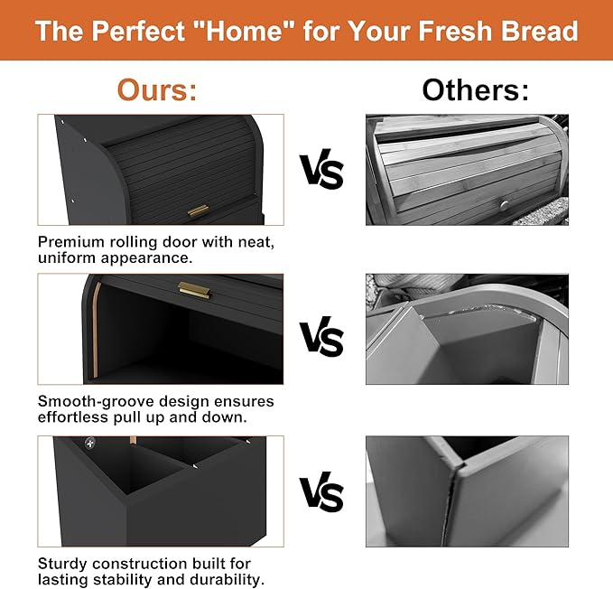TQVAI Roll Top Bread Box for Kitchen Countertop, Keep Fresh Longer, Easy to Maintenance, Double Layer Vintage Wooden Breadbox with Window for Homemade Bread, Sandwich Loaves, Baked Goods (Black)