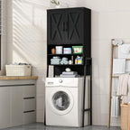 Vabches Over The Toilet Storage Cabinet, Farmhouse Over Toilet Storage Cabinet, Metal Frame with 2 Barn Doors, Home Space-Saving Toilet Rack for Bathroom, Toilet, Laundry Room,Black