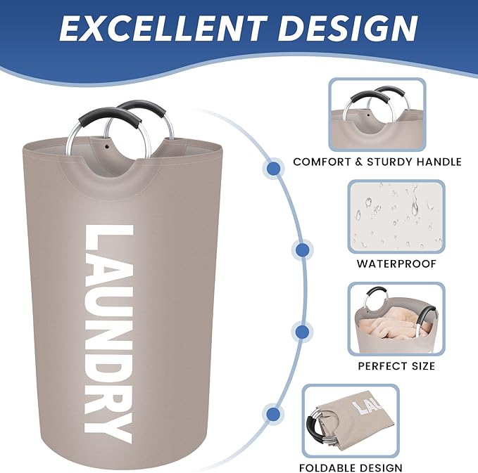 90L Large Laundry Basket, Freestanding Waterproof Laundry Hamper, Collapsible Folding Tall Clothes Hamper, Easy Carry with Foam Protected Aluminum Handles for Dorm, Family, Travel (Khaki)