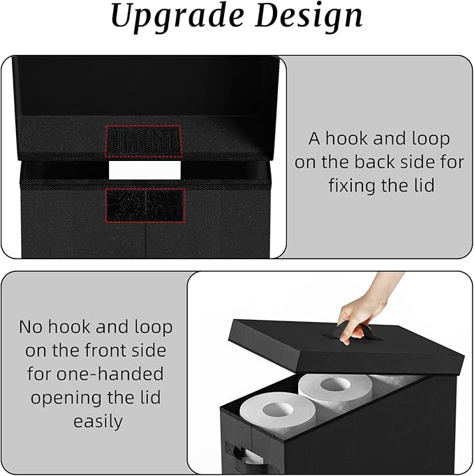 Bathroom Toilet Paper Storage with Lid - for Up to 12 Rolls | Storage Bins with Lids for Towel or Yarn | Free Standing | Foldable | Moisture Resistant | Clear Plastic Window | Black | 2 Pack