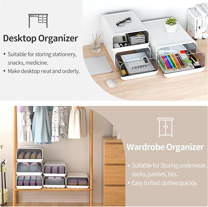 Underwear Organizer Drawer, 1 Cell Plastic Sock Underwear Storage Drawer, Stackable Closet Organizers and Storage Box for Bras, Socks, Scarves, Ties, Belt (King Size-White, 1 Pcs)
