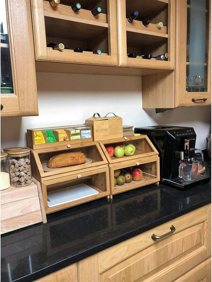 HOMEKOKO Double Layer Large Bread Box for Kitchen Counter, Wooden Large Capacity Bread Storage Bin (Natural Bamboo)