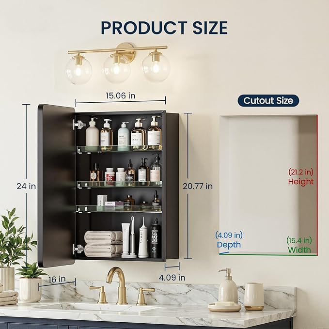 Medicine Cabinet 16x24 Inch, Aluminum Bathroom Mirror Cabinet with Storage, Recessed or Surface Mount, Black Vanity Storage Unit with 3 Anti-Tip Adjustable Acrylic Shelves, Soft Close Hinge
