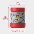 Bentgo Kids Stainless Steel Food Jar - 11oz Leak-Proof Double Insulated Hot or Cold Food Container with Removable Silicone Bumper, Dishwasher Safe, Easy Open Lid, Ages 3+ (Trucks)