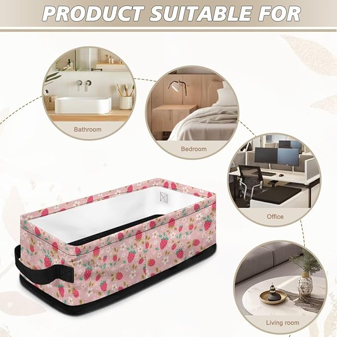 Storage Bin Organizer Collapsible Fabric Basket for Bathroom Kitchen Office Home Storage with Handles for Easy Carrying 13.89 x 7.13 x 4.37 Inch, Strawberry Flower Pink