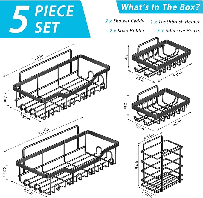 Adhesive Shower Caddy, 5-Pack Rustproof Stainless Steel Bathroom Organizer with 28 Hooks, No-Drill Large Capacity Shower Shelves for Bathroom Storage & Home Décor, Black