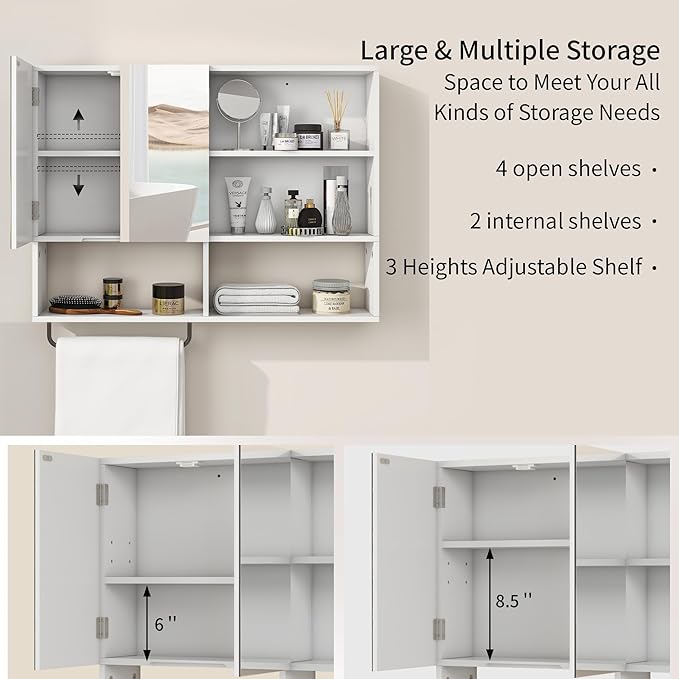 Medicine Cabinet, Wooden Bathroom Wall Cabinet with 2 Doors, Adjustable Shelves & Towel Bar, Over Toilet Storage Cabinet Wall Mounted for Laundry with Mirror, White