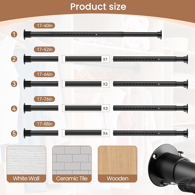 1.3 Inch Diameter Heavy Duty Closet Rods for Hanging Clothes, Metal Black Closet Rod 17-75 Inch Adjustable Clothes Hanging Bar Metal Shower Curtain Rods for Closets, Wardrobes, Bathroom, Windows