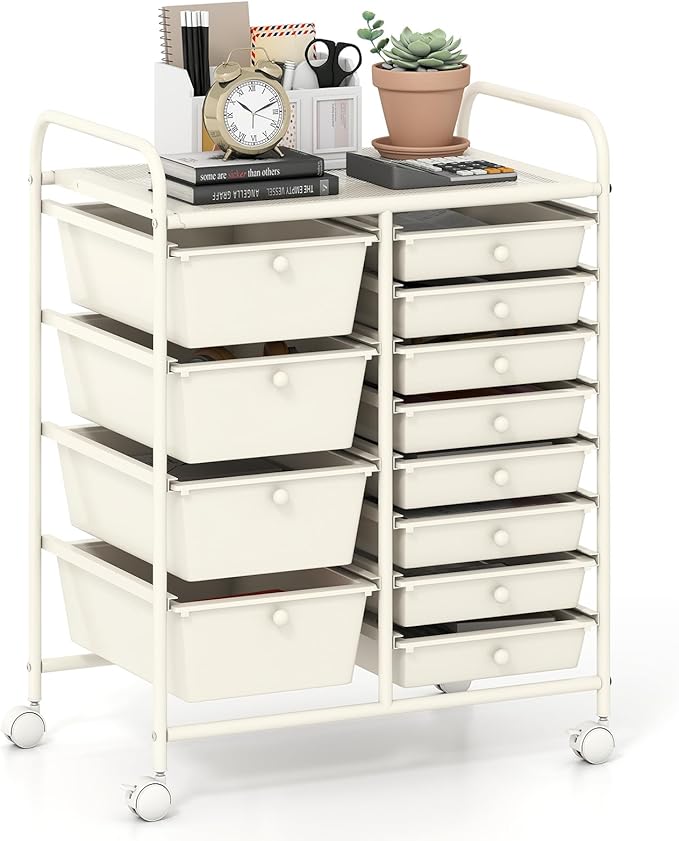 GOFLAME 12-Drawer Rolling Storage Cart, Craft Storage Cart with Removable Drawers & Lockable Wheels, Art Cart Supply Storage Organizer with Metal Frame for Home Office Classroom, White