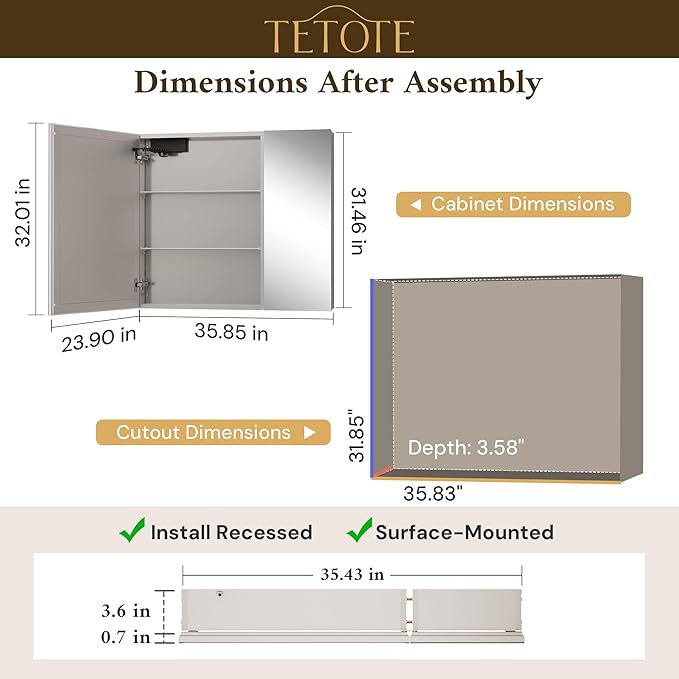 TETOTE 36 x 32 Medicine Cabinet with Lights, Adjustable Shelves, Silver Aluminum Cabinet, Anti-Fog Stepless Dimmable 3 Colors White/Warm/Natural, Easy to Install(Wall Mount/Recessed)