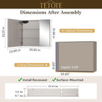 TETOTE 36 x 32 Medicine Cabinet with Lights, Adjustable Shelves, Silver Aluminum Cabinet, Anti-Fog Stepless Dimmable 3 Colors White/Warm/Natural, Easy to Install(Wall Mount/Recessed)