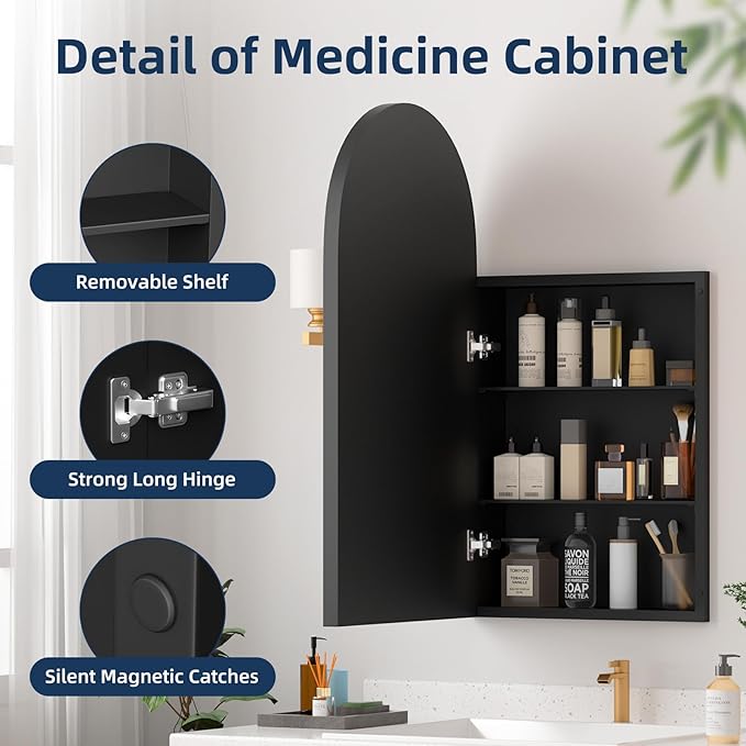 Medicine Cabinets for Bathroom, Black Arched Medicine Cabinet Recessed or Surface Wall-Mounted,Modern Bathroom Vanity Mirror with Storage, Mirrored Cabinet with Adjustable Shelves,16x31 Inch