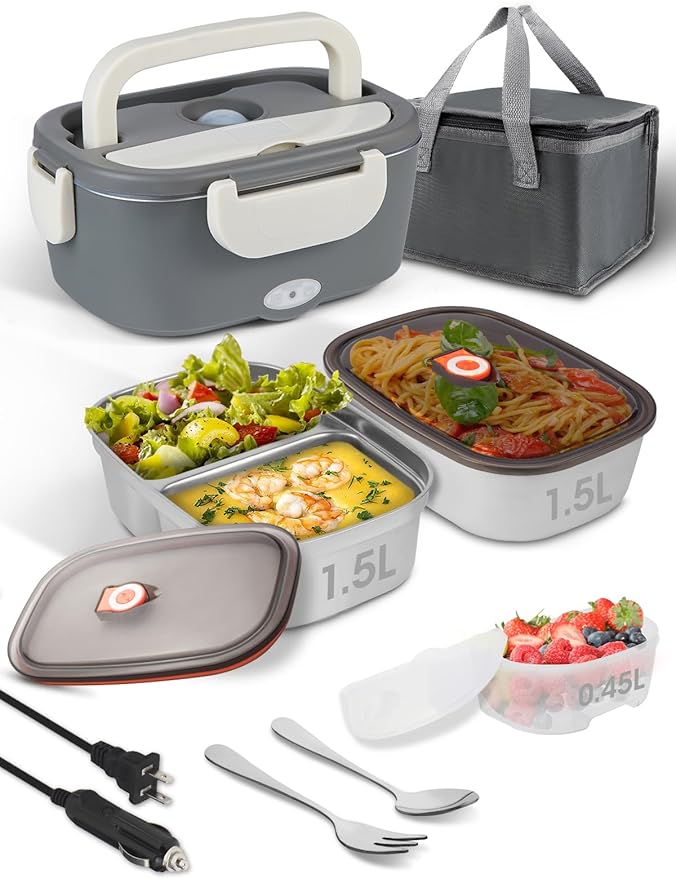 Electric Lunch Box Food Heater, 80W Heated Lunch Box for Adults, 12V 24V 110V Portable Food Warmer LunchBox for Car Truck Work with Removable 304 Stainless Steel Container White