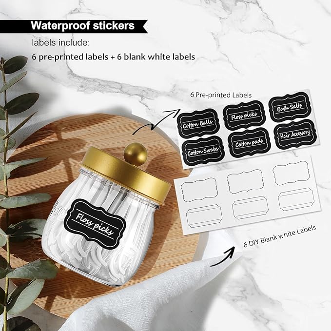 SheeChung 3 Pack Qtip Holder Bathroom Jar Set, Apothecary Mason Jar for Bathroom Vanity Home Storage Organizer, Plastic Acrylic Qtip Dispenser for Cotton Swab, Floss Pick, Farmhouse/Home Decor (Gold)