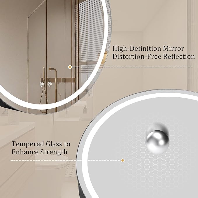 WallBeyond 28 in Round LED Medicine Cabinet with Mirror, Black Bathroom Cabinet with Storage, 3 Color Stepless Dimmable Lights, Anti-Fog, Memory Function, Hardwired, Surface Mount