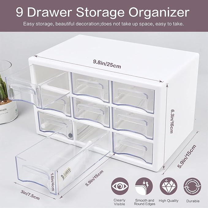Desk Storage Organizer with 9 Drawers, MYKASEN Clear Plastic Storage Cabinet, Stackable Desk Storage Box for Makeup Office Craft Hardware Art Supplies, 9.8x6.3x5.9inch(White)