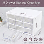 Desk Storage Organizer with 9 Drawers, MYKASEN Clear Plastic Storage Cabinet, Stackable Desk Storage Box for Makeup Office Craft Hardware Art Supplies, 9.8x6.3x5.9inch(White)