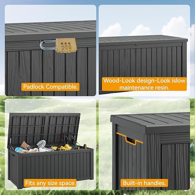 220 Gallon Outdoor Storage Box, Resin Deck Boxes Outdoor Waterproof For Patio Furniture, Garden Tools, Pool Supplies, Lockable And UV Resistant (Striped Black)