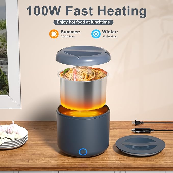 Vingud Electric Lunch Box for Adults, 1.2L/41oz, 100W Fast Heated Lunch Box, 12V/24V/110V Portable Food Heater for Car/Office Work with 304 Stainless Steel Container, Blue Gray