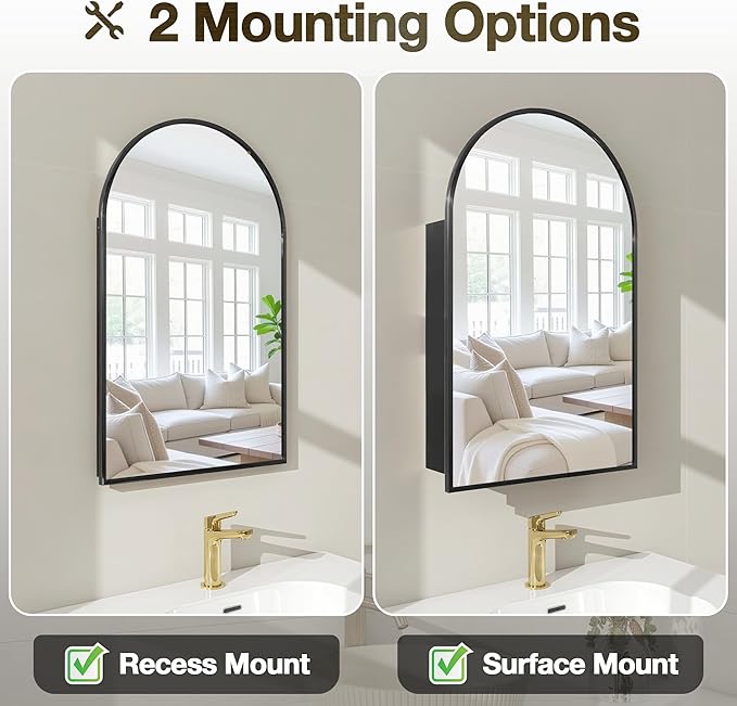 Arched Medicine Cabinet Mirror No Assembly Needed Bathroom Mirror with Storage Recessed or Surface Mount Options (Black, 31.5" L x 19.7" W)