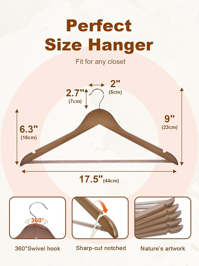 HOUSE DAY Walnut Wooden Hangers 10 Pack, Solid Wood Hanger with Non Slip Pant Bar, Heavy Duty Wooden Coat Hanger for Closet, Smooth Finish Wood Clothes Hangers for Shirts, Suits, Jackets, Dress