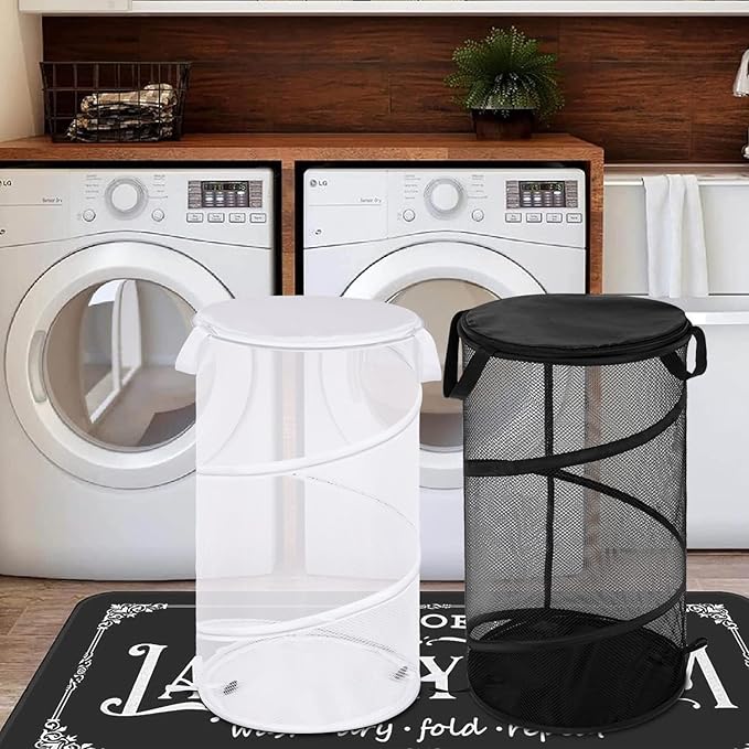 BATTOO 2 Pack Collapsible Laundry Basket with Lid Foldable Mesh Pop Up Hamper with Handles for Laundry Room, Bathroom, Kids Room, College Dorm, Travel, Storage Organizer Black+White