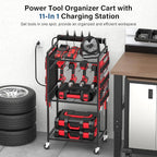 JUNNUJ Garage Large Power Tool Organizer Cart with 8 Outlet 3 USB Charging Station, Floor Rolling Drill and Tools Battery Storage Cart on Wheels, Heavy Duty Utility Rack Shelf with 10 FT Power Strip