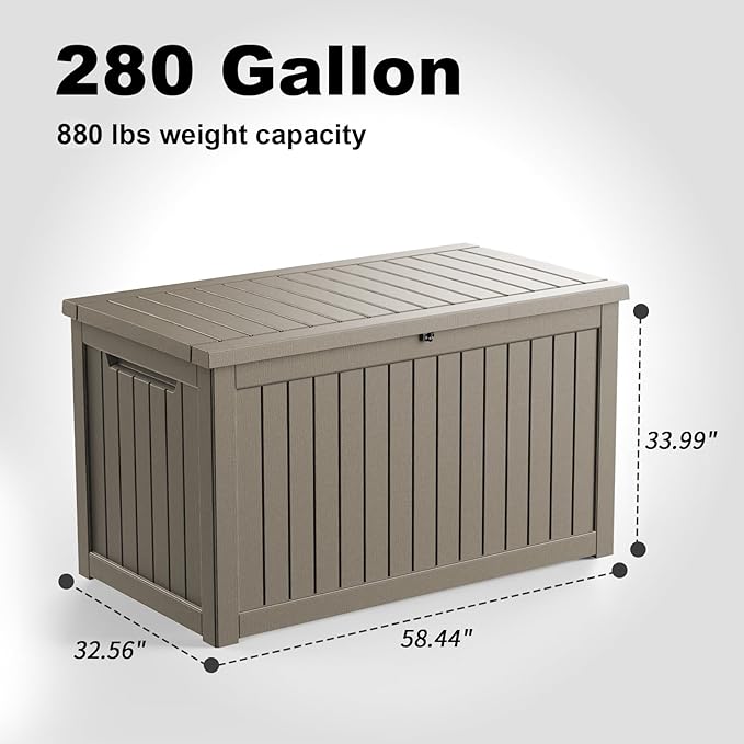280 Gallon Deck Box Outdoor, Waterproof Outdoor Storage Boxes with Lids, Outside Resin Lockable Storage Box for Patio Cushions, Garden Tools(Grey)
