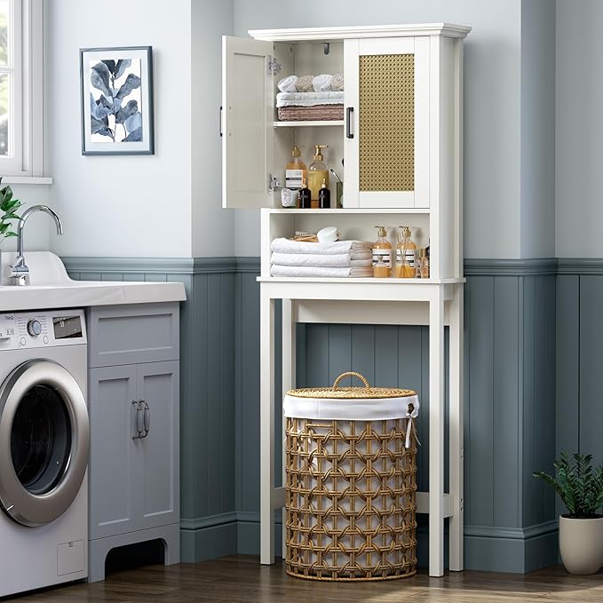 Over The Toilet Storage Cabinet, Over Toilet Storage Cabinet with Rattan Door and Anti-Tip, Above The Toilet Storage for Bathroom Behind The Toilet Bathroom Organizer, Rattan