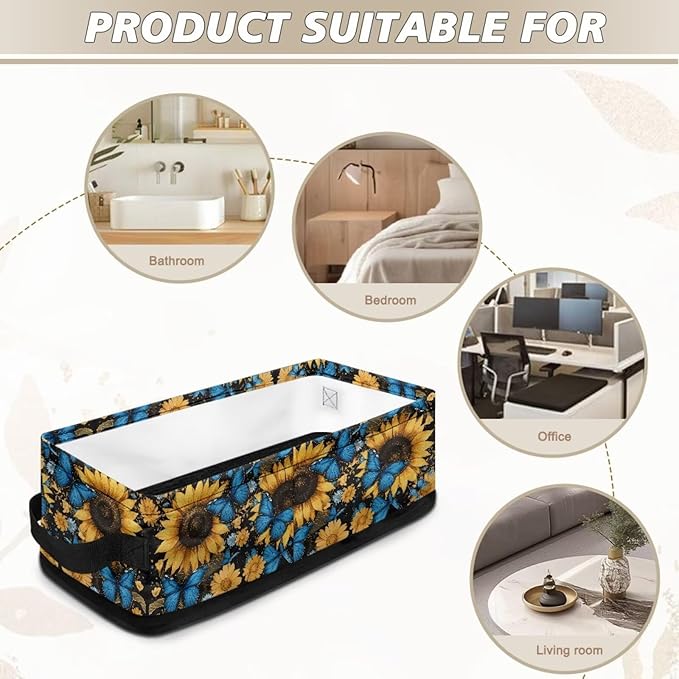 Storage Basket Bins Multi-Functional Toilet Paper Baskets Rectangular Collapsible Organizer Living Room Organization for Small Items, Sunflower Blue Butterfly Black
