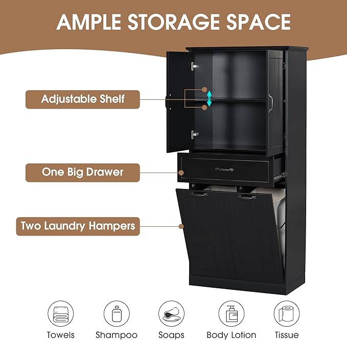 Tall Tilt Out Laundry Cabinet with 2 Tilt Out Laundry Hamper, Wood Bathroom Storage Cabinet with Doors,Drawers and Adjustable Shelves Freestanding (Black)
