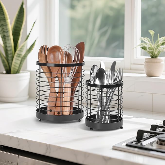 Utensil Holder, 7.7"+6" Stainless Steel Utensil Holder for Kitchen Counter, Cooking Tools Spatula, Silverware Forks, Knives, Spoons Utensil Crocks Organizer Drying Rack, Set of 2