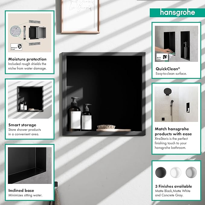 hansgrohe XtraStoris Original Recessed Wall Niche with Integrated Frame 12"x 12"x 4" in Matte Black, 56061670